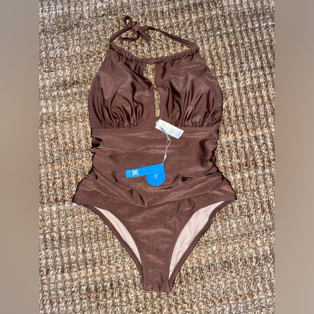 Cupshe Womens Plus Chocolate Brown Halter Top One Piece Swimsuit